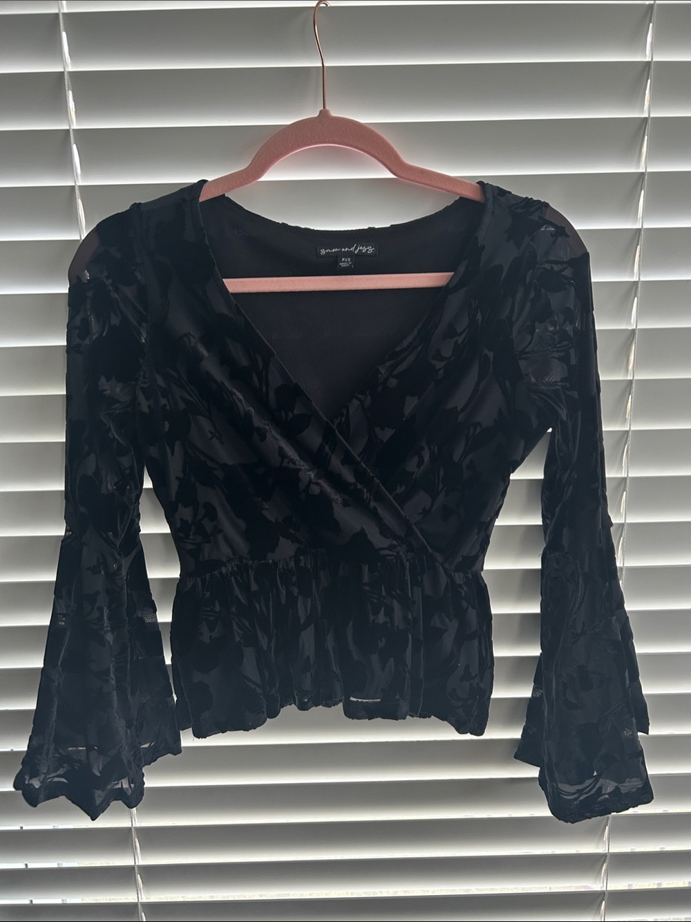 Sam and Jess Black Floral Burnout Surplice Peplum Top